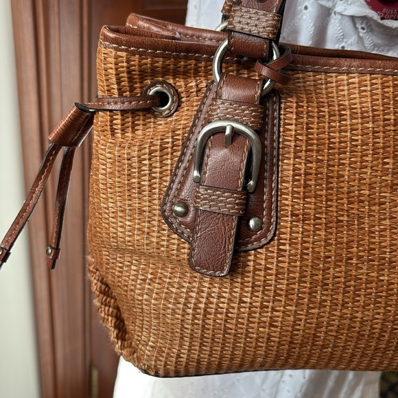 Fossil Vintage Straw bag/leather trim cinnamon brown/brown Silvertone 3 compart - Picture 8 of 17